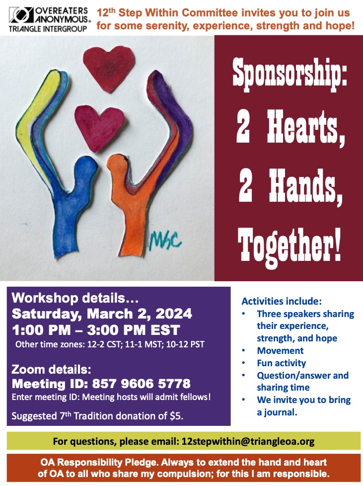 Image shows two hands upholding two hearts as well as the Overeaters Anonymous Triangle Intergroup logo.